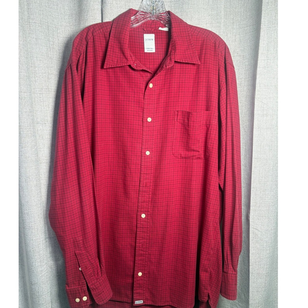 J.Crew Mens Large Tall Red Black Grid Check Cotton Button Down Long Sleeve Shirt - Picture 2 of 6